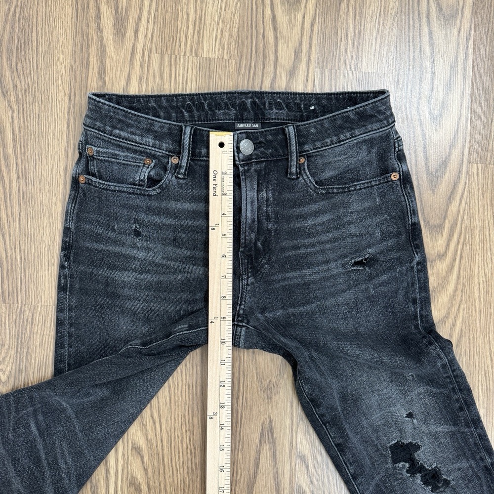 American Eagle Jeans Mens 30x30 Black Slim Low Rise Distressed Ripped Dark Denim - Picture 14 of 16